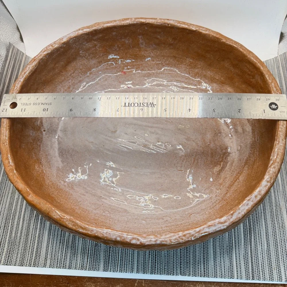 Signed Studio Pottery Terracotta Bowl Handcrafted Rustic Organic 12 inch Brown